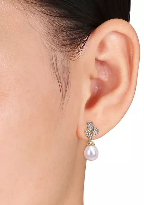 New ๐ 9-9.5 Millimeter Freshwater Cultured Pearl and 1/5 ct. t.w. Diamond Floral Drop Earrings in 10k Yellow Gold by Belk & Co. โ 3 New ๐ 9-9.5 Millimeter Freshwater Cultured Pearl and 1/5 ct. t.w. Diamond Floral Drop Earrings in 10k Yellow Gold by Belk & Co. โ - Image 3