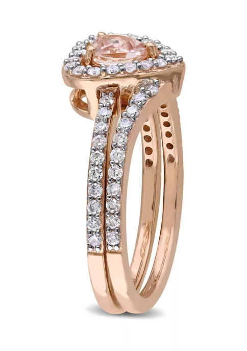 Outlet ⭐ 1/2 ct. t.w. Morganite and 1/2 ct. t.w. Diamond Halo Interlocking Bridal Ring Set in 10k Rose Gold by Belk & Co. 🤩 2 Outlet ⭐ 1/2 ct. t.w. Morganite and 1/2 ct. t.w. Diamond Halo Interlocking Bridal Ring Set in 10k Rose Gold by Belk & Co. 🤩 - Image 2