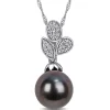 Wholesale ✔️ 9 to 9.5 Millimeter Cultured Tahitian Pearl and 1/10 ct. t.w. Diamond Leaf Drop Pendant with Chain in 10k White Gold by Belk & Co. 😍