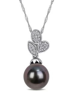 Wholesale ✔️ 9 to 9.5 Millimeter Cultured Tahitian Pearl and 1/10 ct. t.w. Diamond Leaf Drop Pendant with Chain in 10k White Gold by Belk & Co. 😍 -DealsBelk & Co. Store Belk 39238