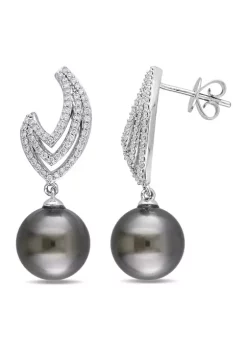 Promo ✔️ 10-10.5 Millimeter Tahitian Cultured and 3/8 ct. t.w. Diamond Pearl Layered Flame Drop Earrings in 14k White Gold by Belk & Co. 🥰