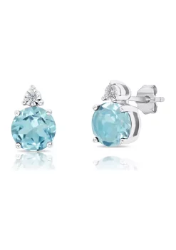 Outlet 👍 7 Millimeter Round Blue Topaz and Diamond Accent Stud Earrings in Sterling Silver by Belk & Co. 🎁