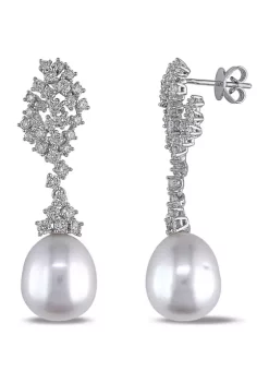 Top 10 😀 11.5-12 Millimeter South Sea Cultured Pearl and 2 ct. t.w. Diamond Cluster Drop Earrings in 14k White Gold by Belk & Co. ✔️