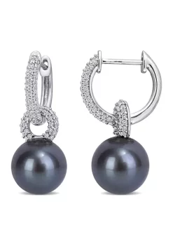 Flash Sale 🛒 9-9.5 Millimeter Tahitian Pearl and 1/2 ct. t.w. Diamond Hinged Hoop Link Earrings in 14k White Gold by Belk & Co. 🌟