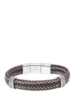 Cheap ๐ Stainless Steel and Brown Leather Bracelet with Magnetic Extender Closure by Belk & Co. ๐