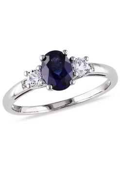 Best Pirce 🔔 1.57 ct. t.g.w. Created Blue and White Sapphire and 1/10 ct. t.w. Diamond 3-Stone Ring in 10K White Gold by Belk & Co. 💯