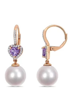Coupon ๐ 11 mm-12 mm Cultured Freshwater Pearl, 4/5 ct. t.w. Amethyst and 1/5 ct. t.w. Diamond Heart Drop Earrings in 10k Rose Gold by Belk & Co. ๐