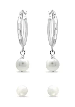 Best deal ✔️ 2 Piece Freshwater Pearl Stud and Drop Hoop Earrings Set in Sterling Silver by Belk & Co. 😀