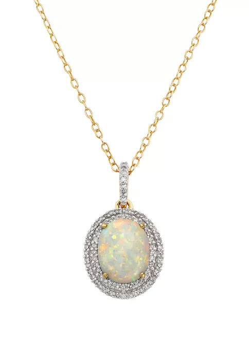 New 🎉 7/8 ct. t.w. Created Opal and 1/4 ct. t.w. Diamond Pendant Necklace in 10K Yellow Gold by Belk & Co. ❤️ 1 New 🎉 7/8 ct. t.w. Created Opal and 1/4 ct. t.w. Diamond Pendant Necklace in 10K Yellow Gold by Belk & Co. ❤️