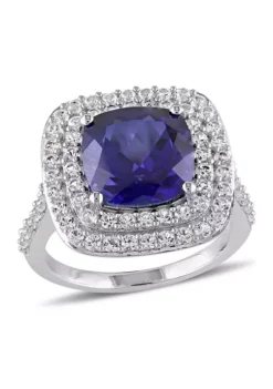 Discount 💯 Lab Created 7 1/10 CT TGW Cushion Cut Created Blue and Created White Sapphire Double Halo Cocktail Ring in Sterling Silver by Belk & Co. 😍