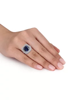 Discount 💯 Lab Created 7 1/10 CT TGW Cushion Cut Created Blue and Created White Sapphire Double Halo Cocktail Ring in Sterling Silver by Belk & Co. 😍 -DealsBelk & Co. Store Belk 4686