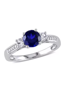 Budget 🎉 Created Blue and White Sapphire Diamond 3-Stone Ring in 10k White Gold by Belk & Co. ❤️