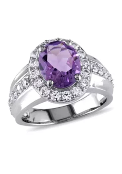 Best deal 👍 Lab Created 3 3/8 CT TGW Oval Cut Amethyst and Created White Sapphire Halo Ring in Sterling Silver by Belk & Co. 🔔