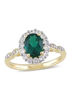 Cheap ๐งจ Oval Created Emerald, White Topaz and Diamond Accent Vintage Ring in 14K Yellow Gold by Belk & Co. ๐งจ