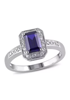 Best Sale 🎁 Lab Created Emerald Cut Created Blue Sapphire and Diamond Accent Ring in Sterling Silver by Belk & Co. 😉