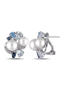 Cheapest 👍 Cultured Freshwater Pearl and 3.5 ct. t.w. Multi-Gemstone Cluster Earrings in Sterling Silver by Belk & Co. ⭐