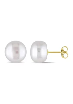 Best Sale ❤️ 9-10MM Cultured Freshwater Pearl Stud Earrings in 10k Yellow Gold by Belk & Co. 🎉