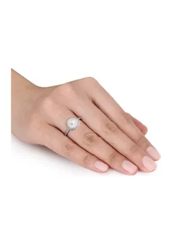 Hot Sale 😀 8 Millimeter Cultured Freshwater Pearl and 1/10 ct. t.w. Diamond Halo Ring in Sterling Silver by Belk & Co. 👏 -DealsBelk & Co. Store Belk 5365