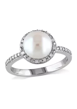 Hot Sale 😀 8 Millimeter Cultured Freshwater Pearl and 1/10 ct. t.w. Diamond Halo Ring in Sterling Silver by Belk & Co. 👏 -DealsBelk & Co. Store Belk 5366