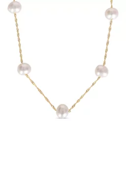Outlet 🔥 5.5-6 Millimeter Cultured Freshwater Pearl Tin Cup Necklace in 10k Yellow Gold by Belk & Co. 😀