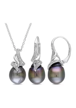 Flash Sale โ 2-Piece Set Tahitian Cultured Pearl and 1/10 ct. t.w. Diamond Vintage Drop Necklace and Earrings in Sterling Silver by Belk & Co. ๐