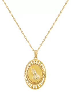 Brand new ❤️ Oval Baguette Frame with Praying Hand Pendant Necklace in 14K Yellow Gold by Belk & Co. ✔️