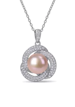 Best Sale 🎁 10.5-11 MM Pink Cultured Freshwater Pearl and Cubic Zirconia Interlaced Halo Necklace in Sterling Silver by Belk & Co. 🔔 -DealsBelk & Co. Store Belk 6260