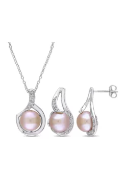 Buy 😉 2-Piece Set Pink Cultured Freshwater Pearl and 1/10 ct. t.w. Diamond Halo Earrings and Necklace in Sterling Silver by Belk & Co. 🔥