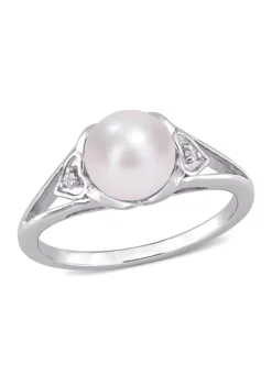 Hot Sale 🔔 7-7.5mm Freshwater Cultured Pearl and Diamond Accent Split-Shank Ring in Sterling Silver by Belk & Co. 😉
