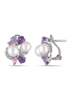 Budget 🌟 Cultured Freshwater Pearl and 2.75 ct. t.w. Multi-Gemstone Cluster Earrings in Sterling Silver by Belk & Co. 🔥