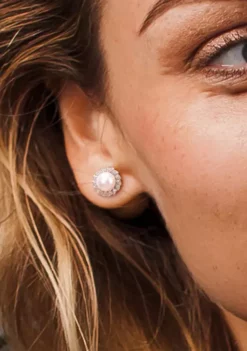 Hot Sale 🧨 Lab Created 9.5-10mm Freshwater Cultured Pearl and 1/3 CT TGW Created White Sapphire Halo Pearl Stud Earrings in Sterling Silver by Belk & Co. 🛒 -DealsBelk & Co. Store Belk 6790