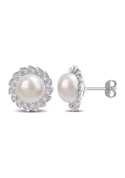 Hot Sale 🧨 Lab Created 9.5-10mm Freshwater Cultured Pearl and 1/3 CT TGW Created White Sapphire Halo Pearl Stud Earrings in Sterling Silver by Belk & Co. 🛒 -DealsBelk & Co. Store Belk 6791