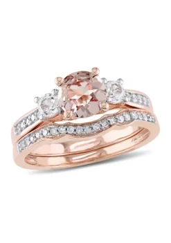 Best reviews of ✔️ Morganite, Created White Sapphire and 1/7 ct. t.w. Diamond 3-Stone Bridal Ring Set in 10k Rose Gold by Belk & Co. ❤️