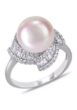 Discount 🛒 10.5-11 Millimeter Cultured Freshwater Pearl and 1.1 ct. t.w. Cubic Zirconia Geometric Ring in Sterling Silver by Belk & Co. 👍 -DealsBelk & Co. Store Belk 6965