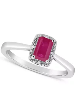 Outlet ⌛ Sterling Silver 6x4mm Emerald Cut Ruby Diamond Accent Halo Ring by Belk & Co. 🧨