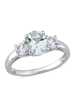 Hot Sale 🎁 Lab Created Oval Cut Aquamarine and Created White Sapphire 3-Stone Ring in Sterling Silver by Belk & Co. 🎉