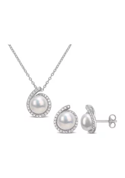 Flash Sale 💯 8-8.5mm Freshwater Cultured Pearl and Diamond Accent Halo Stud Earrings and Pendant with Chain in Sterling Silver by Belk & Co. 🥰