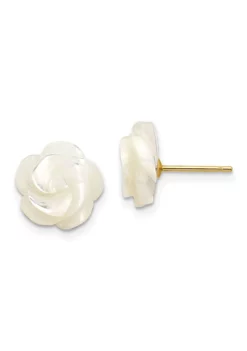 Promo 🤩 14K Yellow Gold 10mm White 👩 Mother of Pearl Flower Design Post Stud Earrings by Belk & Co. 🛒