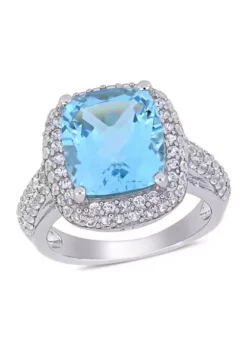 New โจ Lab Created Blue Topaz and Created White Sapphire Halo Ring in Sterling Silver by Belk & Co. ๐