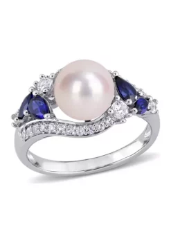 Promo 🔥 Lab Created 8-8.5mm Cultured Freshwater Pearl and 1 1/6 CT TGW Created Blue Sapphire Created White Sapphire Ring in 10k White Gold by Belk & Co. 🥰