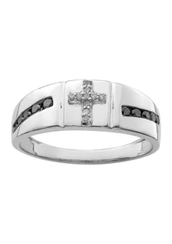 Best Sale ๐ Men's 1/4 ct. t.w. White and Black Diamond Cross Ring in Rhodium Plated Sterling Silver by Belk & Co. ๐งจ