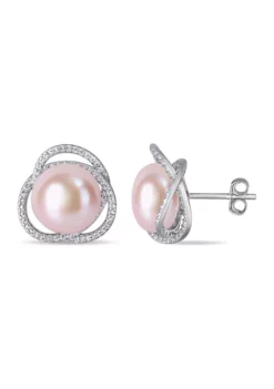 Cheapest 🧨 11-11.5 MM Pink Cultured Pearl and Cubic Zirconia Interlaced Halo Stud Earrings in Sterling Silver by Belk & Co. 👏