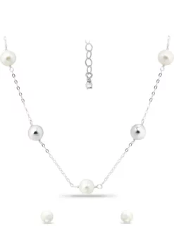 Buy ๐ 2 Piece 8 Millimeter Freshwater Pearl Station Necklace and Silver Stud Earrings Set in Sterling Silver by Belk & Co. โญ