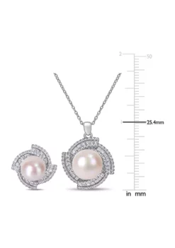 Promo 🎉 9.5-12.5 MM Cultured Freshwater Pearl 3 3/4 Cubic Zirconia Geometric Halo Necklace and Stud Earring Set in Sterling Silver by Belk & Co. 😍 -DealsBelk & Co. Store Belk 8300