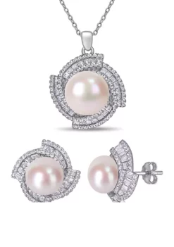 Promo 🎉 9.5-12.5 MM Cultured Freshwater Pearl 3 3/4 Cubic Zirconia Geometric Halo Necklace and Stud Earring Set in Sterling Silver by Belk & Co. 😍 -DealsBelk & Co. Store Belk 8302