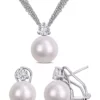 Deals 🎉 11-12mm Cultured Freshwater Pearl and 1 3/4 Ct TGW White Topaz Omega Clip Earrings and Pendant with Triple Strand Chain in Sterling Silver by Belk & Co. ⭐