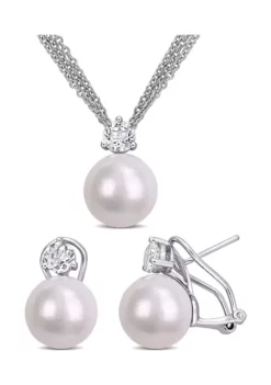 Deals 🎉 11-12mm Cultured Freshwater Pearl and 1 3/4 Ct TGW White Topaz Omega Clip Earrings and Pendant with Triple Strand Chain in Sterling Silver by Belk & Co. ⭐ -DealsBelk & Co. Store Belk 8341