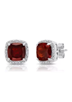 Buy 🥰 7 Millimeter Cushion Cut Garnet and Diamond Accent Halo Stud Earrings in Sterling Silver by Belk & Co. 🤩