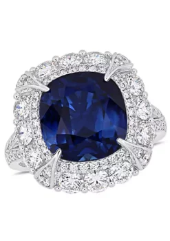 Hot Sale 🥰 7.1 ct. t.g.w. Blue Sapphire and 1.77 ct. t.w. Diamond Halo Cocktail Ring in 14K White Gold by Belk & Co. 😍