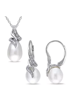 Brand new 🔔 2-Piece Set Cultured Freshwater Pearl and 1/10 ct. t.w. Diamond Twist Earrings and Necklace in Sterling Silver by Belk & Co. 🔥